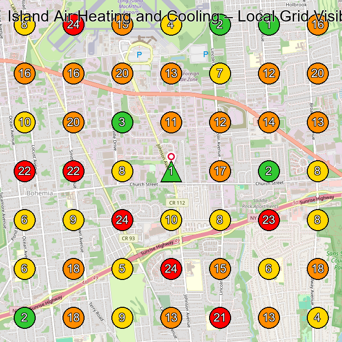Island Air Heating and Cooling Air Conditioning Contractor GeoGrid ranking map for Holbrook NY